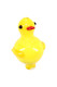 Yellow 2-inch glass duck bubble carb cap for dab rigs; wholesale head-shop accessory, front view on white with rounded body and bright red beak.