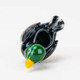 Top-down angle highlighting the herb bowl cavity on a black-bodied glass duck slide, 14.5 mm joint for head-shop supplies.