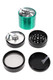 Green 55 mm 4-part zinc alloy metal hand crank grinder with window lid shown disassembled for smoke shop wholesale buyers.
