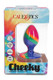Front view Cheeky medium silicone anal plug, rainbow tie-dye with suction cup base in box—shelf-ready packaging for sex shop wholesale.