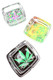 Three square clear glass ashtrays with assorted cannabis leaf patterns in green, yellow, black, and pink