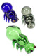 Wholesale 4.5" colored-glass bug pipes in assorted green, blue, and smoke variants, applied legs and eyes, overhead trio layout on white studio. Wholesale 4.5" colored-glass bug pipes in assorted green, blue, and smoke variants, applied legs and eyes, overhead trio layout on white studio.