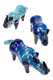 Wholesale silver-fumed rhino glass pipes, 5" bubble-dot body in blue colorways, trio layout on white, animal hand pipe set shown at angled view.