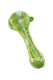 4" green and yellow squiggle striped frit glass spoon pipe shown at an angled view with clear glass body