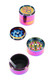 1.5-in rainbow zinc-alloy soda can 3-part metal grinder disassembled with screen and scraper; white-background wholesale product shot.