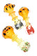 Wholesale 4" gold-fumed glass spoon pipes with dotted bowls, ringed necks, and multicolor frit flat mouthpieces, assorted colors, trio top view.