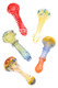 Bulk retail smoke-gear image of assorted 4″ ribbon-striped glass spoons, side profile showing thick stems and curved mouthpieces.
