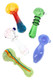 Close-up of head-shop impulse jar filled with assorted 4–4.5″ colorful glass pipes, highlighting durable borosilicate construction.