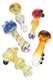 Five 4–5" colorful glass hand pipes with swirl stripes and marble accents; overhead product layout for retail wholesale imagery.