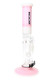 ROOR Tech 14" straight tube, pink & white band, 50 mm diameter with showerhead perc and ice pinch, GoG joint and male bowl shown, studio product shot. ROOR Tech 14" straight tube, pink & white band, 50 mm diameter with showerhead perc and ice pinch, GoG joint and male bowl shown, studio product shot.