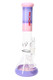 ROOR Tech 14" multicolor beaker, pink and lavender band with red logo, stemless GoG intake and showerhead perc, front view for head-shop buyers. ROOR Tech 14" multicolor beaker, pink and lavender band with red logo, stemless GoG intake and showerhead perc, front view for head-shop buyers.