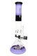 ROOR Tech 14" multicolor beaker, purple/black band with white logo, stemless GoG intake, showerhead perc and ice pinch, studio product photo for head-shops. ROOR Tech 14" multicolor beaker, purple/black band with white logo, stemless GoG intake, showerhead perc and ice pinch, studio product photo for head-shops.