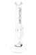ROOR Tech 14" straight tube, white/black logo variant, clear borosilicate with showerhead perc and ice pinch, head-shop product photo, centered front view. ROOR Tech 14" straight tube, white/black logo variant, clear borosilicate with showerhead perc and ice pinch, head-shop product photo, centered front view.