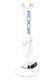 ROOR Tech 14" stemless straight tube, blue logo, 50 mm tube with ice pinch and showerhead perc, studio product image angled for retail head-shop buyers. ROOR Tech 14" stemless straight tube, blue logo, 50 mm tube with ice pinch and showerhead perc, studio product image angled for retail head-shop buyers.