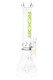 Clear 14" ROOR Tech stemless beaker, green decal, showerhead perc and ice pinch, 50 mm tube; studio front angle for smoke-shop wholesale listings. Clear 14" ROOR Tech stemless beaker, green decal, showerhead perc and ice pinch, 50 mm tube; studio front angle for smoke-shop wholesale listings.