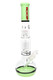 ROOR Tech 14" bubble-base beaker, mint green/black accents with red logo, tree perc and ice pinch, clear 45 mm body; product angle for head-shop buyers. ROOR Tech 14" bubble-base beaker, mint green/black accents with red logo, tree perc and ice pinch, clear 45 mm body; product angle for head-shop buyers.