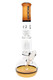 ROOR Tech 14" bubble-base beaker, tangie/black accents with black/white logo, ice pinch above four-arm tree perc; catalog-style front angle for wholesalers. ROOR Tech 14" bubble-base beaker, tangie/black accents with black/white logo, ice pinch above four-arm tree perc; catalog-style front angle for wholesalers.