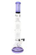 ROOR Tech 17" beaker, purple/black accents with white logo, stacked tree percs and splash guard, 5 mm glass; head-shop catalog style on white. ROOR Tech 17" beaker, purple/black accents with white logo, stacked tree percs and splash guard, 5 mm glass; head-shop catalog style on white.
