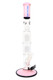 ROOR Tech 17" multicolor straight tube, pink/black with blue logo, stacked tree percs and ice pinch, GoG setup shown, studio product photo for head-shops. ROOR Tech 17" multicolor straight tube, pink/black with blue logo, stacked tree percs and ice pinch, GoG setup shown, studio product photo for head-shops.