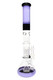 Purple/black ROOR Tech 18" beaker for wholesale, multicolor mouthpiece and base, dome + barrel + showerhead perc stack with ice pinch, front angle. Purple/black ROOR Tech 18" beaker for wholesale, multicolor mouthpiece and base, dome + barrel + showerhead perc stack with ice pinch, front angle.