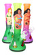 Trio of 10-inch frosted glass beaker water pipes with bikini lady applique, multicolor gradients; front three-quarter angle for wholesale head-shop buyers.