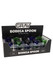Wholesale GRAV Bodega Spoon 4" glass hand pipes in a 15-piece retail display box, assorted black, blue, green colors, front angle view.
