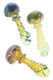 Three 4" color-changing fumed spoon pipes with spiral stripes, ringed necks, and frit bowls in assorted hues, angled studio view for wholesale head-shops.