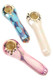Wholesale 4-inch ceramic spoon pipes set, pink turquoise and white marble glaze with 22 k gold sun bowls, top view.