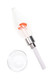 Clear glass dab straw with orange mushroom percolator, ceramic tip, metal connector, and included quartz dish