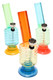 Wholesale 6" indented-sphere acrylic pipes—orange, teal, yellow bodies, textured barrels, carb hole, metal bowl, side view.