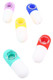 Pill-shaped silicone hand pipes with glass screen bowls in teal, yellow, red, blue, and lavender; 3" size, assorted colors for wholesale head-shop displays.