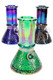 Wholesale soft-glass beaker pipes, 5.5 in, rainbow metallic textured bases with grip ring, assorted trio front view.