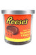 Wholesale Reese's triple-wick scented candle, 14-oz clear glass jar with orange label and silver lid, front-facing close-up