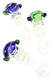 Three 5" color-changing glass spoon pipes with striped bowls and ridged rings, blue and green accents; wholesale head-shop photo, angled top view.