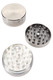 Wholesale EVRST 2-part gunmetal grinder, zinc-alloy build with smooth lid and visible tooth pattern, exploded layout close-up.