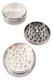 Head-shop supplies: EVRST gunmetal zinc-alloy 2-piece grinders in assorted sizes, disassembled angle highlighting interior teeth.