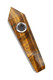 Wholesale tiger’s eye gemstone jewel pipe, 4″ golden chatoyant stone with metal screen bowl, angled close-up for head-shop supplies.