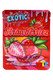 Wholesale 3.5 g mylar pouch, Strawberriez red bag with berry artwork and EXOTIC header, centered front view for packaging displays. Wholesale 3.5 g mylar pouch, Strawberriez red bag with berry artwork and EXOTIC header, centered front view for packaging displays.