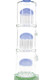 Close-up of triple stacked tree percolators with blue accents on 13.5" stemless straight tube, clear chambers and reinforced joint for head-shop catalogs.