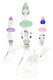 Trio of clear beaker bases with pastel mint, lavender, and pink stacked accents, 2-in-1 water pipe kit for wholesale head-shop assortments, front view. Trio of clear beaker bases with pastel mint, lavender, and pink stacked accents, 2-in-1 water pipe kit for wholesale head-shop assortments, front view.