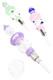 Three colorful dab straw bodies with screw-on ceramic tips and glass wax tray, angled flat-lay; B2B concentrate accessory kit components. Three colorful dab straw bodies with screw-on ceramic tips and glass wax tray, angled flat-lay; B2B concentrate accessory kit components.