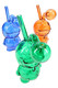 Trio of 3.5" colored-glass smiley face mini oil burner rigs in assorted bright hues with angled stems; compact novelty concentrate piece for B2B buyers.