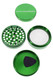 Green 2.5" Cali Crusher O.G. aluminum 4-part grinder, magnetic lid off, screen and pollen tray visible, overhead layout for smoke-shop wholesale.