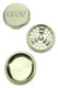 Chartreuse GRAV 2.75" 3-piece aluminum grinder shown apart with lid, tooth plate, and catch tray, studio overhead image for retail wholesale catalogs. Chartreuse GRAV 2.75" 3-piece aluminum grinder shown apart with lid, tooth plate, and catch tray, studio overhead image for retail wholesale catalogs.