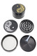 2.25" black 4-part Yin Yang leaf metal grinder shown opened in pieces with screen and scraper for head shop buyers.