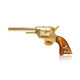 Side profile of 6" Hemper Wild West Peacemaker gold revolver hand pipe with amber floral grip, clean white background for B2B glass pipe listings.