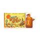 Wide shot of amber moonshine jug bong beside illustrated Hemper Wild West box, hero image for online retail smoke-gear catalogs.