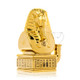 Angled side view of gold pharaoh bust Hemper Ancient Egypt bong showing inline perc base and clear slide bowl, detailed product photo for smoke-shop suppliers.