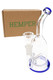 Hemper Whistler mini bong with blue accents posed in front of kraft Hemper box and clear bowl, shelf-ready glass rig display shot for head-shop buyers.