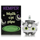 Front shot of Hemper Black Cat pipe beside branded box, compact novelty glass for head-shop supplies inventory